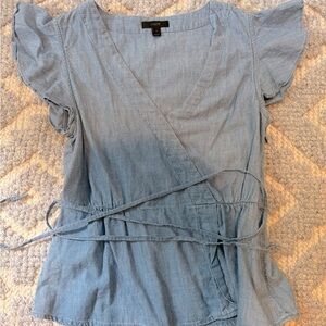 J.Crew denim chambray faux wrap top with zipper on side, flutter sleeves